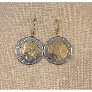 Vintage Itaor Sterling Silver Italian 500 Lire Coin Dangle Earrings Gold Tone